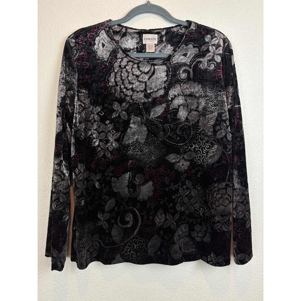 Chicos Top Size 2 Large Black Velvet Floral Burnout Long Sleeve Whimsigoth Fall